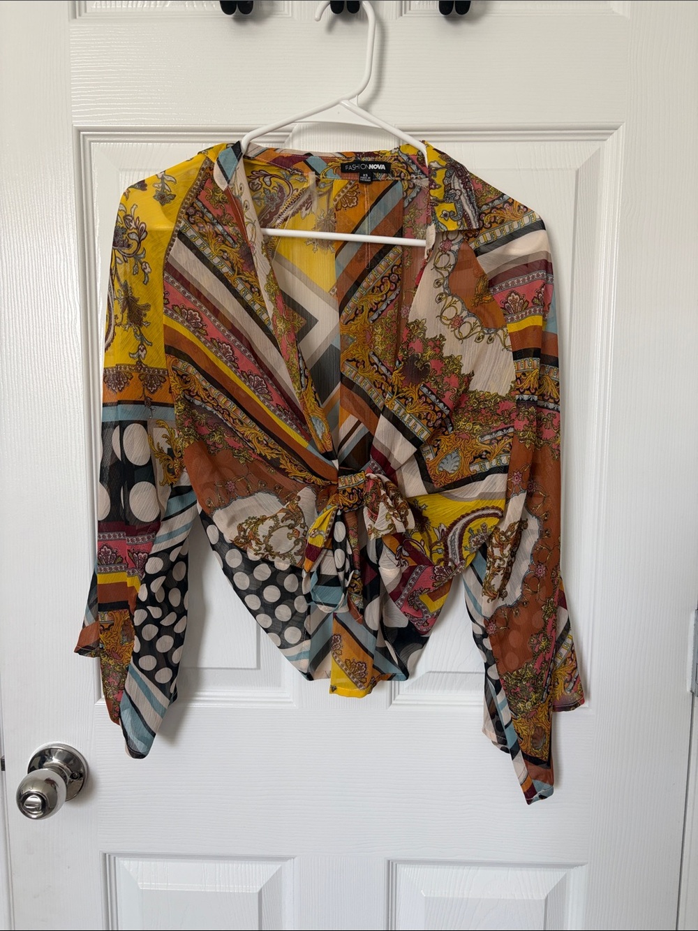 Fashion Nova Yellow Multi Tie-Front Long Sleeve Blouse